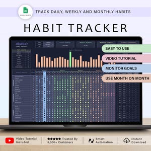 Puede incluir: Una computadora portátil muestra una hoja de cálculo de seguimiento de hábitos. La pantalla muestra un gráfico detallado con secciones para hábitos diarios, semanales y mensuales, con el texto "HABIT TRACKER" en la parte superior. El texto adicional incluye "Fácil de usar".