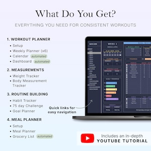 May include: A laptop screen displays a workout planner interface with sections for workout planning, measurements, routine building, and meal planning. The screen also shows a YouTube tutorial link. Text includes "What Do You Get?" and "Everything You Need for Consistent Workouts."