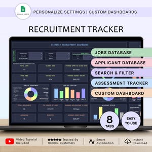 Hoja de cálculo de seguimiento de reclutamiento Panel de control de reclutamiento de RRHH Planificador de seguimiento de contratación Plantilla de sistema de seguimiento de solicitudes Programación de entrevistas ATS