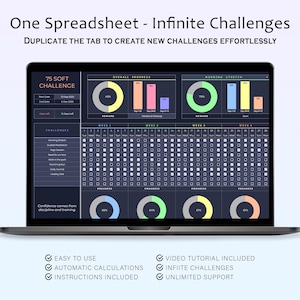 Puede incluir: Una pantalla de port&aacute;til que muestra una hoja de c&aacute;lculo con el texto "One Spreadsheet - Infinite Challenges". La hoja de c&aacute;lculo incluye gr&aacute;ficos de progreso, seguimiento de desaf&iacute;os y el texto "75 Soft Challenge".