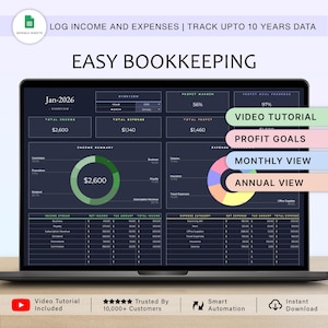 Peut inclure: Un écran d'ordinateur portable affichant un tableau de bord financier avec le texte "Easy Bookkeeping". L'interface montre les revenus, les dépenses et les données de profit, avec des graphiques. Comprend des tutoriels vidéo, des objectifs de profit et des vues mensuelles/annuelles.