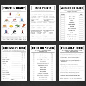 Puede incluir: Seis hojas de juegos de fiesta en blanco y negro con preguntas de trivia y indicaciones para completar. Los juegos incluyen "Price is Right", "1966 Trivia" y "Friendly Feud". Perfecto para una fiesta de cumplea&ntilde;os.