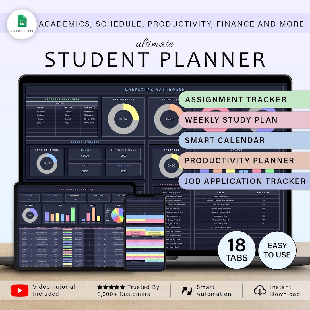 Student Planner Assignment Tracker Academic Study Planner Spreadsheet ...