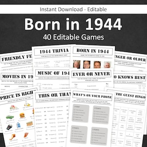 Pacote de Jogos para Aniversário de 82 Anos: Jogos para Festa de Aniversário de 82 Anos, Perguntas e Respostas sobre 1944, Quiz para Homens, Mulheres e Ele/Elas (para imprimir e usar instantaneamente)