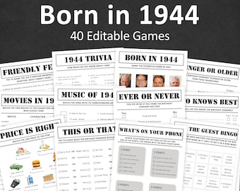 80th Birthday Games Bundle 80th Birthday Party Games 1944 Trivia Born in 1944 80 year old Men Women Him Her Quiz EDITABLE Instant Digital