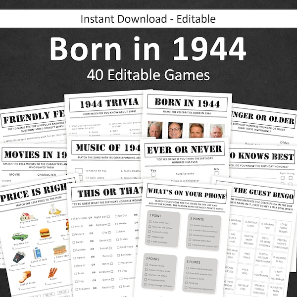 80th Birthday Games Bundle 80th Birthday Party Games 1944 Trivia Born in 1944 80 year old Men Women Him Her Quiz EDITABLE Instant Digital