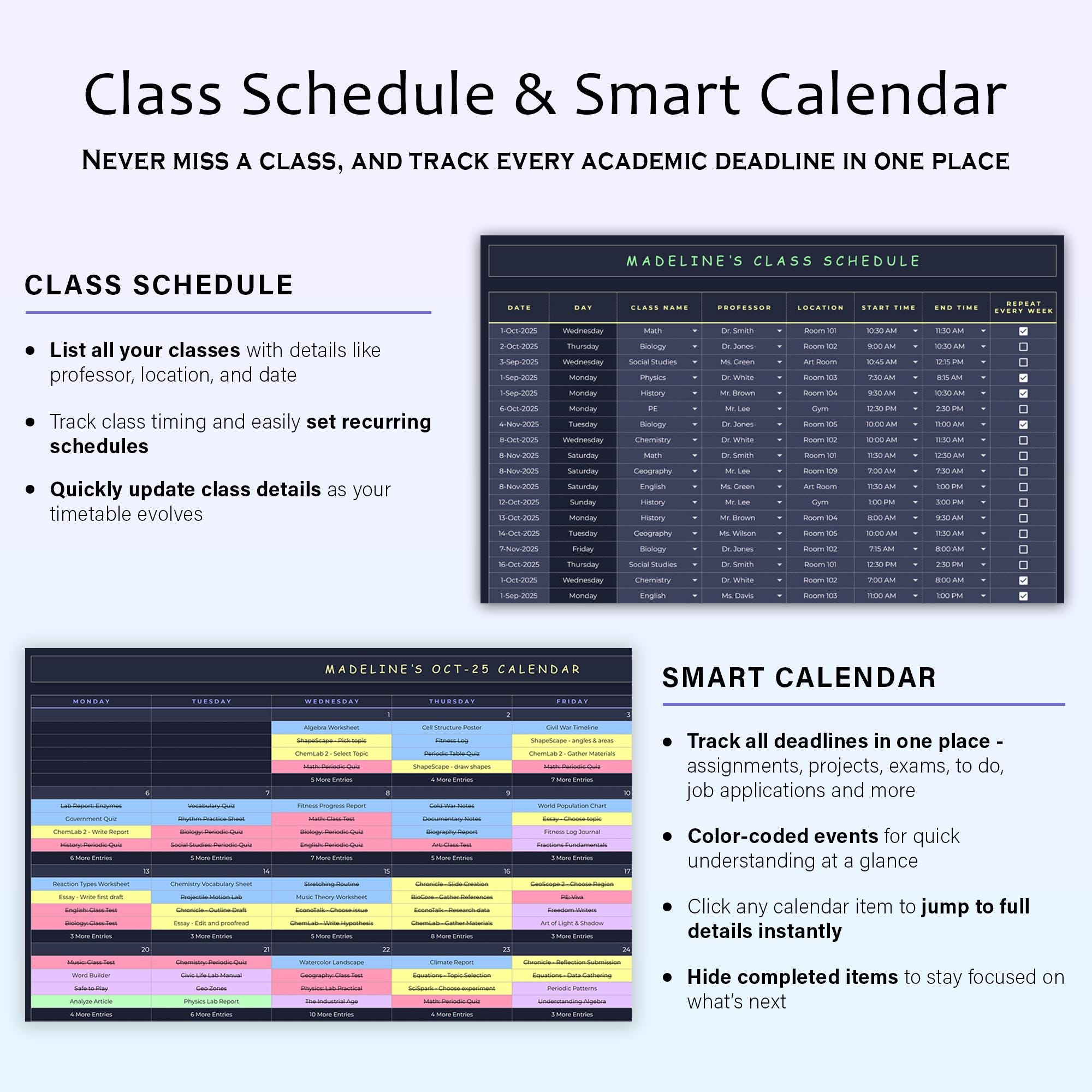 Student Planner Assignment Tracker Academic Study Planner Spreadsheet ...