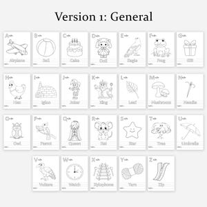 May include: A collection of 26 flashcards, each with a black and white drawing of an object and its corresponding letter. The cards show an airplane, ball, cake, doll, eagle, frog, gift, hen, igloo, joker, king, leaf, mushroom, needle, owl, parrot, queen, rat, star, tree, umbrella, vulture, watch, xylophone, yarn, and zip.