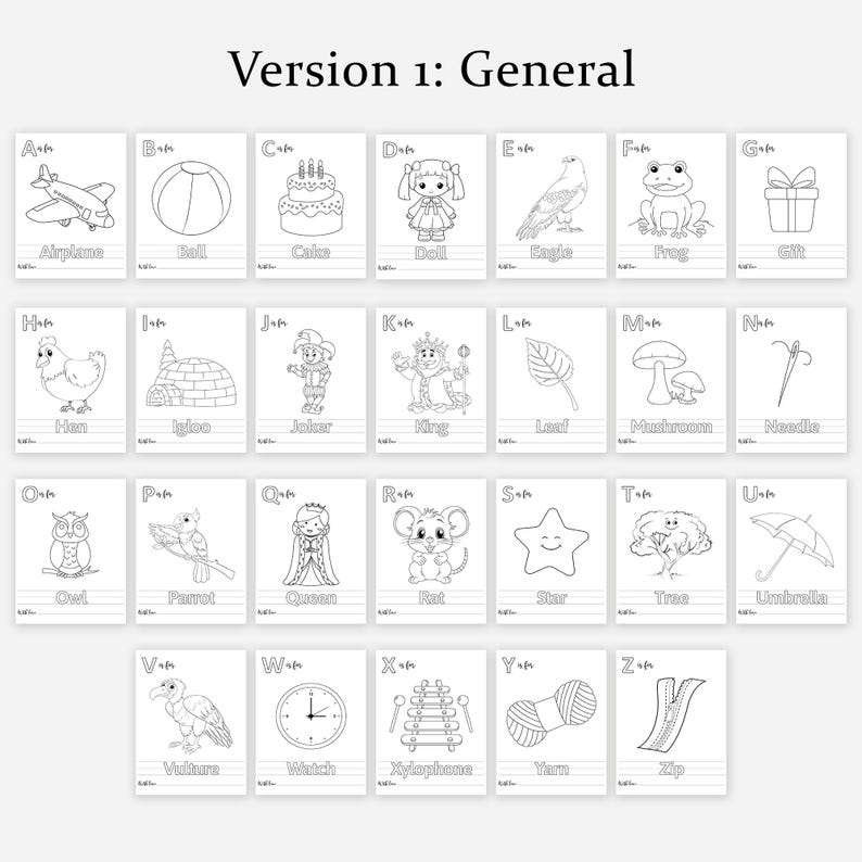 May include: A collection of 26 flashcards, each with a black and white drawing of an object and its corresponding letter. The cards show an airplane, ball, cake, doll, eagle, frog, gift, hen, igloo, joker, king, leaf, mushroom, needle, owl, parrot, queen, rat, star, tree, umbrella, vulture, watch, xylophone, yarn, and zip.