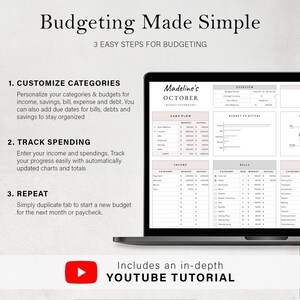May include: A laptop screen displaying a budgeting spreadsheet with the title "Madeline's October Budget Dashboard". The spreadsheet includes sections for income, bills, and a budget vs. actual chart. The text "Budgeting Made Simple" is displayed above the laptop screen.
