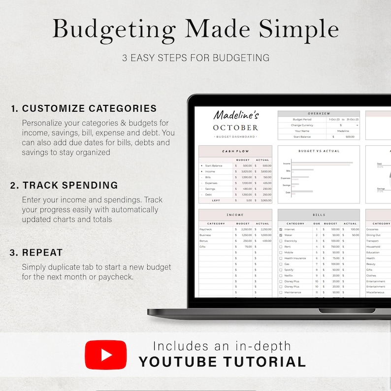 May include: A laptop screen displaying a budgeting spreadsheet with the title "Madeline's October Budget Dashboard". The spreadsheet includes sections for income, bills, and a budget vs. actual chart. The text "Budgeting Made Simple" is displayed above the laptop screen.