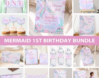 Mermaid 1st Birthday Invitation Bundle Mermaid First Birthday Bundle Mermaid Theme Party Decoration Girl Under the Sea Editable Digital M02