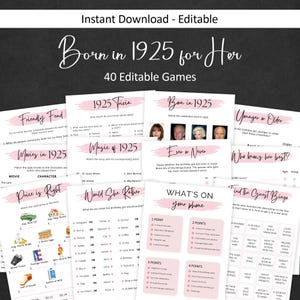 100th Birthday Games for Women 100 Birthday Party Games for Her Born in 1925 Game 1925 Trivia Quiz Activity Bundle Instant Digital EDITABLE