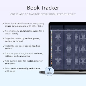 May include: A laptop screen displays a digital book tracker with a list of books, authors, and genres. The text "Book Tracker" and "ONE PLACE TO MANAGE EVERY BOOK EFFORTLESSLY" are at the top. Features include automatic syncing, book cover display, and organization by author and genre.