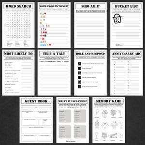 May include: A collection of printable party games on white paper. Games include a word search, emoji pictionary, and a bucket list. Text includes "Word Search", "Movie Emoji Pictionary", and "Bucket List".