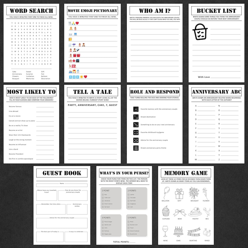 May include: A collection of printable party games on white paper. Games include a word search, emoji pictionary, and a bucket list. Text includes "Word Search", "Movie Emoji Pictionary", and "Bucket List".