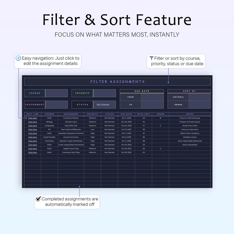 Assignment Tracker Spreadsheet Student Planner Template Academic Study ...