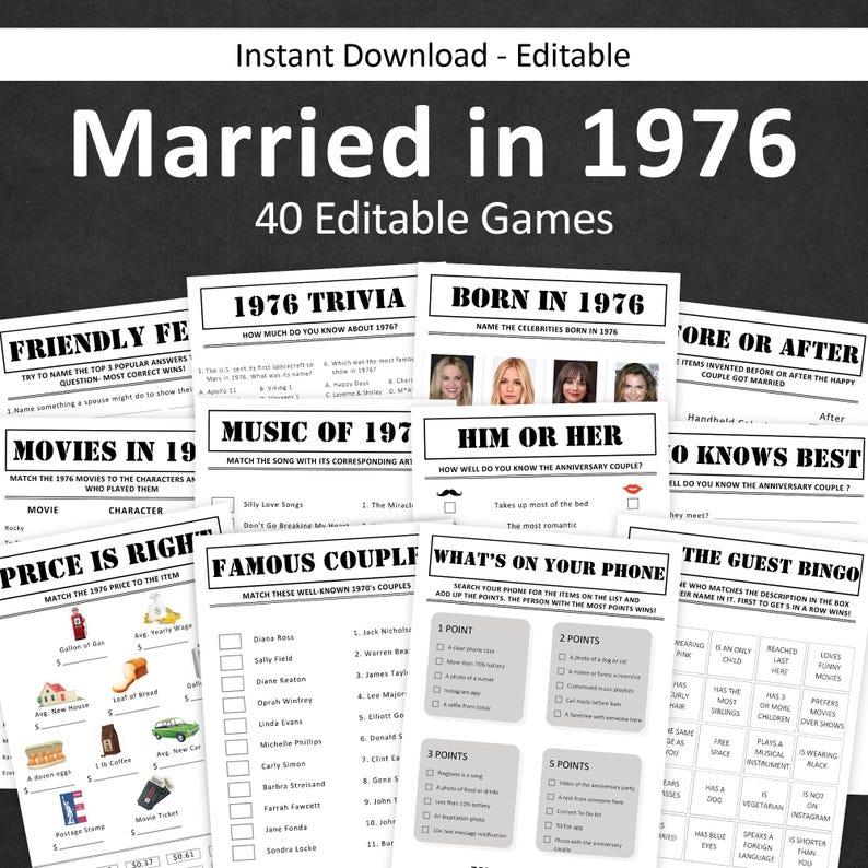 May include: A collection of printable games with the title "Married in 1976". The games include trivia, matching, and bingo, with a focus on the year 1976. The games are designed for couples.