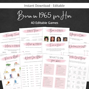 60th Birthday Games for Women 60 Birthday Party Games for Her Born in 1965 Game 1965 Trivia Quiz Activity Bundle Instant Digital EDITABLE