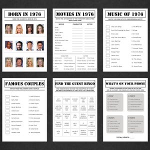 May include: A set of six black and white party game sheets. The games include matching celebrities, movies, music, couples, a bingo game, and a phone scavenger hunt. The text is in a bold, sans-serif font.