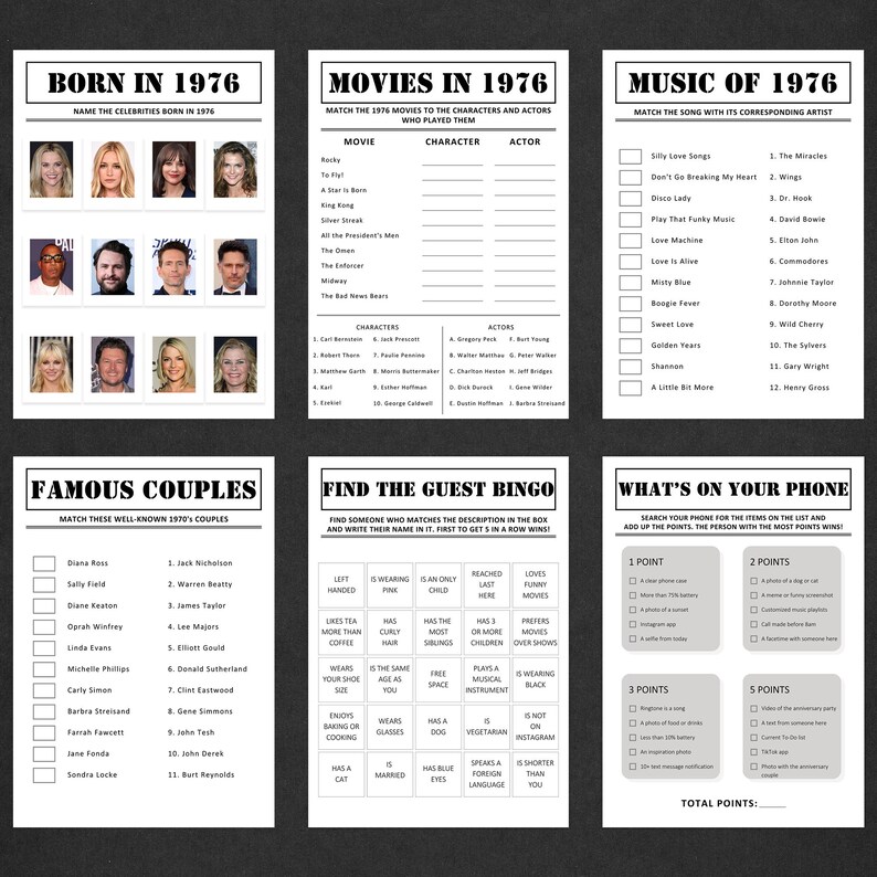 May include: A set of six black and white party game sheets. The games include matching celebrities, movies, music, couples, a bingo game, and a phone scavenger hunt. The text is in a bold, sans-serif font.