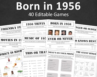 Pacchetto di giochi per il 70° compleanno Giochi per feste di 70° compleanno 1956 Trivia Nato nel 1956 70 anni Uomini Donne Lui Lei Quiz MODIFICABILE Digitale istantaneo