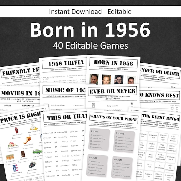 Pacchetto di giochi per il 70° compleanno Giochi per feste di 70° compleanno 1956 Trivia Nato nel 1956 70 anni Uomini Donne Lui Lei Quiz MODIFICABILE Digitale istantaneo