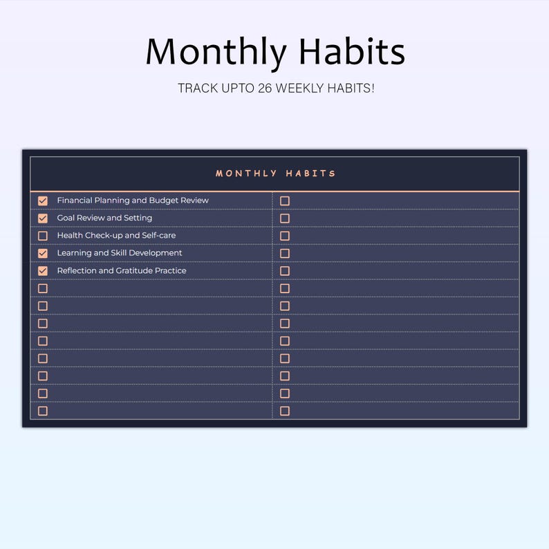 May include: A digital planner titled "Monthly Habits" with a dark blue background and a light pink border. The planner includes checkboxes for tracking habits, with the text "Track upto 26 weekly habits!" and habit categories like "Financial Planning and Budget Review."