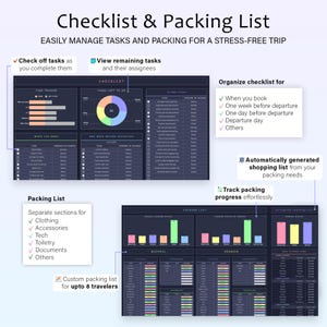 May include: A digital checklist and packing list interface with a dark theme. The interface includes sections for tasks, packing lists, and shopping lists. Text includes "Checklist & Packing List" and "EASILY MANAGE TASKS AND PACKING FOR A STRESS-FREE TRIP."