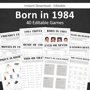 40th Birthday Games Bundle 40th Birthday Party Games 1984 Trivia Born in 1984 40 year old Men Women Him Her Quiz EDITABLE Instant Digital image 1