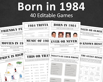 Paquete de juegos de cumpleaños número 40 Juegos de fiesta de cumpleaños número 40 1984 Trivia Nacido en 1984 Hombres de 40 años Mujeres Él Su Prueba EDITABLE Instantánea Digital