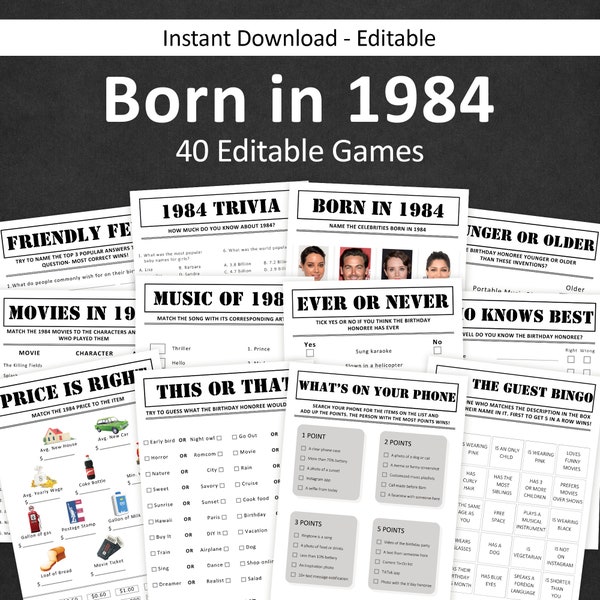 40th Birthday Games Bundle 40th Birthday Party Games 1984 Trivia Born in 1984 40 year old Men Women Him Her Quiz EDITABLE Instant Digital