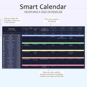 Puede incluir: Un calendario digital inteligente con el texto "Smart Calendar" y "Never miss a task or deadline." El calendario muestra tareas para octubre, codificadas por colores para el estado de finalizaci&oacute;n. Incluye secciones para tareas, fechas y seguimiento del progreso.
