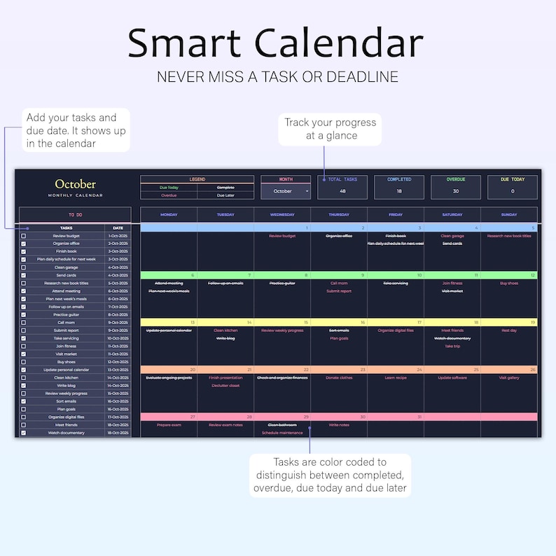 Puede incluir: Un calendario digital inteligente con el texto "Smart Calendar" y "Never miss a task or deadline." El calendario muestra tareas para octubre, codificadas por colores para el estado de finalizaci&oacute;n. Incluye secciones para tareas, fechas y seguimiento del progreso.