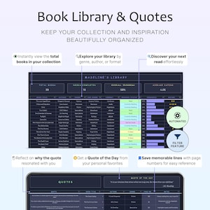 May include: A digital interface for a book library and quotes, with the text "Book Library & Quotes" at the top. The interface displays book titles, authors, genres, and reading progress. Features include automated organization and a filter feature.
