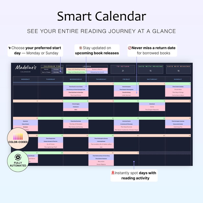 May include: A Smart Calendar with the text "Smart Calendar" and "See your entire reading journey at a glance." The calendar is color-coded and fully automated, with options to choose a start day and track reading activity.
