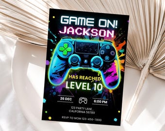 Videospiel Geburtstagseinladung Gamer Einladungsspiele Einladen Level Up Spiel Auf Einladung Junge Mädchen Videospiel Thema Party EDITIERBAR V01