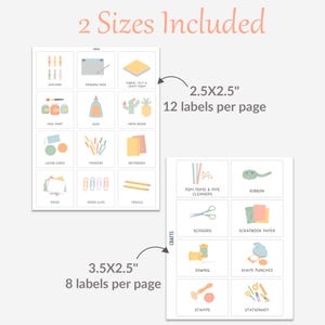 May include: Printable labels for organizing craft supplies. The labels are in two sizes: 2.5 x 2.5 inches and 3.5 x 2.5 inches. The labels feature illustrations of various craft supplies, such as crayons, glue, scissors, and yarn.