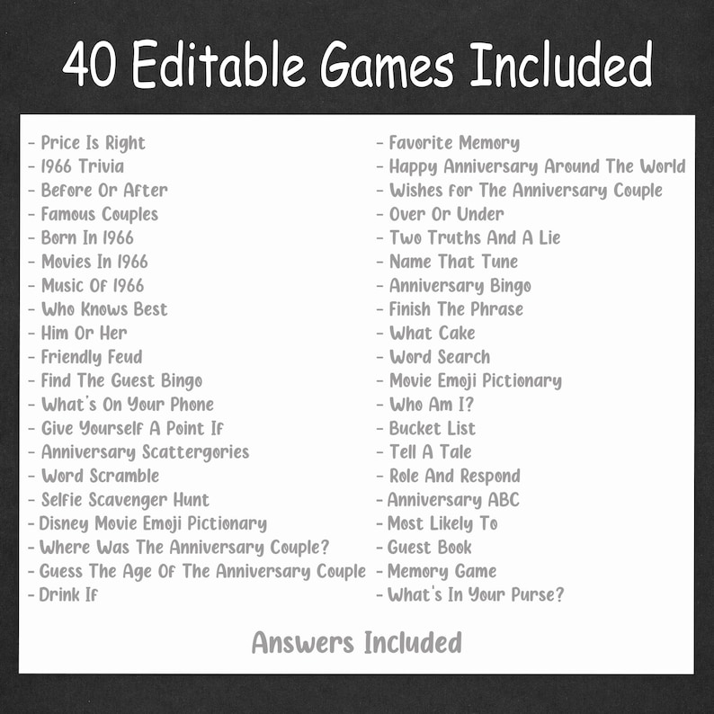 May include: A white background displays a list of 40 editable games, including trivia, bingo, and word games. The text "40 Editable Games Included" is at the top, with "Answers Included" at the bottom. The games are suitable for various events.