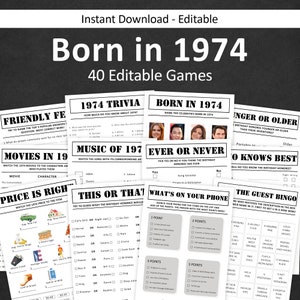 Lot de jeux pour le 51e anniversaire Jeux de fête pour le 51e anniversaire 1974 Anecdotes Né en 1974 51 ans Homme Femme Lui Son Quiz MODIFIABLE Instant Digital