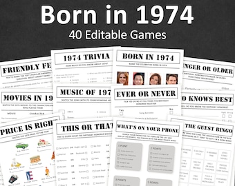 50th Birthday Games Bundle 50th Birthday Party Games 1974 Trivia Born in 1974 50 year old Men Women Him Her Quiz EDITABLE Instant Digital