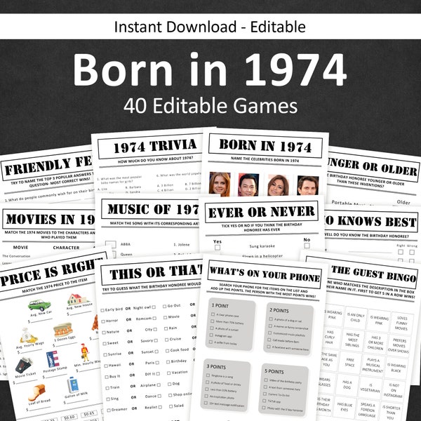 50th Birthday Games Bundle 50th Birthday Party Games 1974 Trivia Born in 1974 50 year old Men Women Him Her Quiz EDITABLE Instant Digital