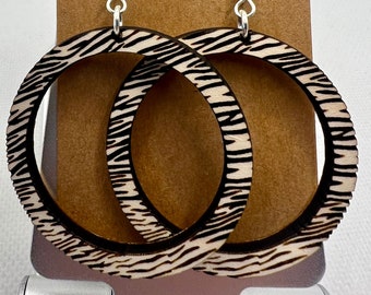 Zebra Print | Ladies Dangling Earrings | Engraved Wood | Hand Made