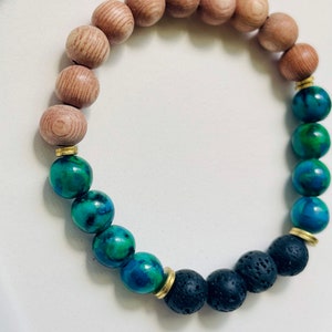 Blue Jade | Rosewood | Black Lava | Plated Gold spacer | Diffuser | Stretchy | 8MM
