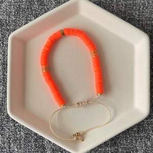 Neon Orange | Heishi | Adjustable | Wax Cord | Waterproof | Anklet | Polymer Clay | 4MM or 6MM