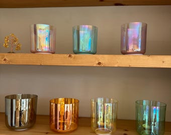 432Hz Crystal Singing Bowl: Iridescent Gold Quartz, 7 Chakras, with Mallets and carrying bag