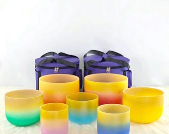 Rainbow Crystal Singing Bowl Set: 7 Chakra Quartz, 432H zwith Mallets and carrying bag
