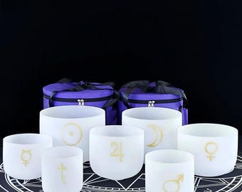 Crystal Singing Bowl Set: 7 Chakra Quartz, 432H zwith Mallets and carrying bag