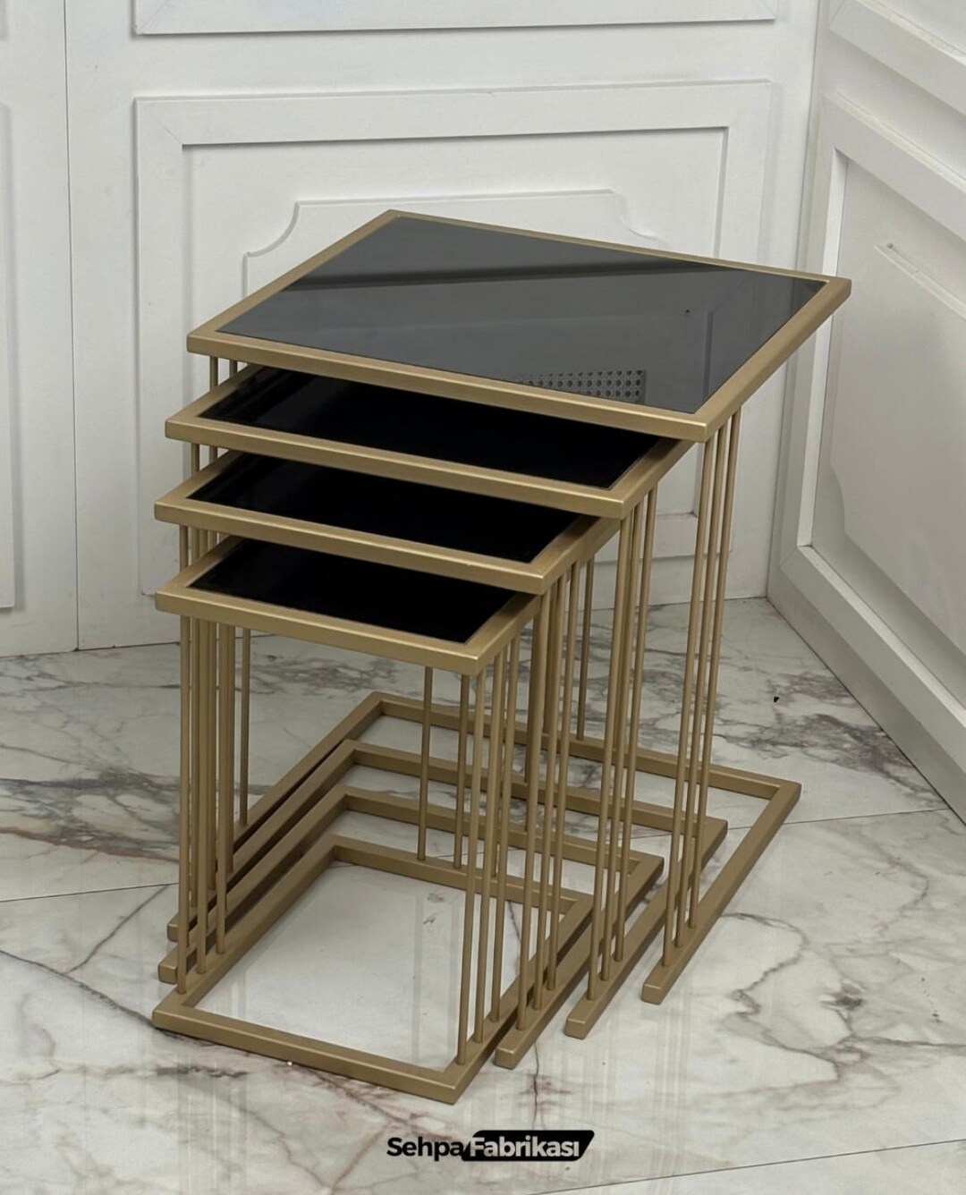 Set of 4 Black Glass Gold Nesting Tables With Layered Rod Minimalist ...