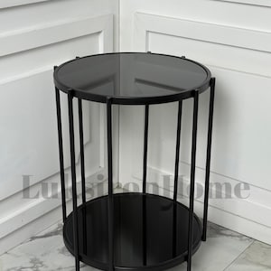 Round Black Metal Side Table with Smoked Black Glass